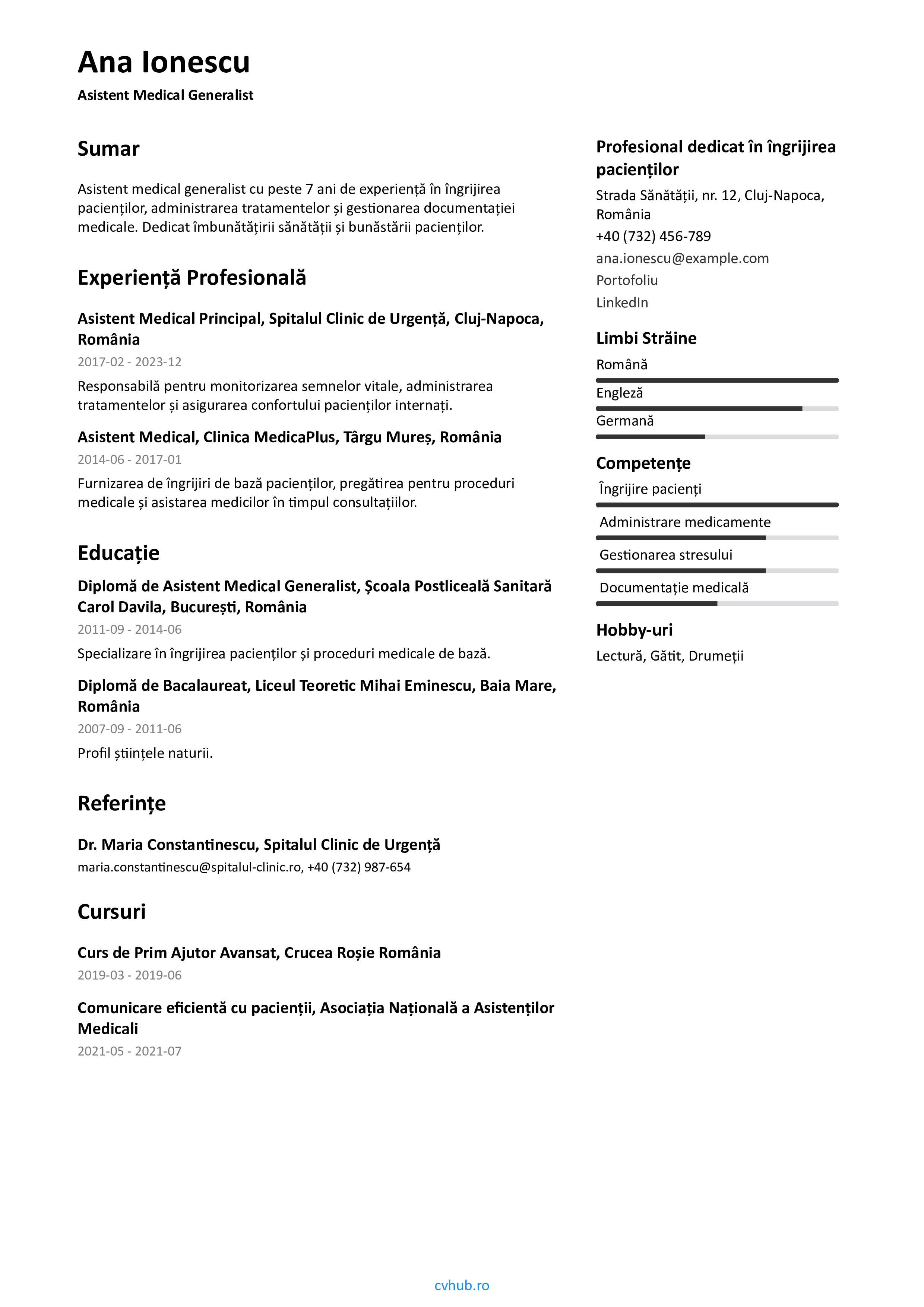 Exemplu de model curriculum vitae simplu cu un design elegant, ușor de personalizat pentru orice carieră.