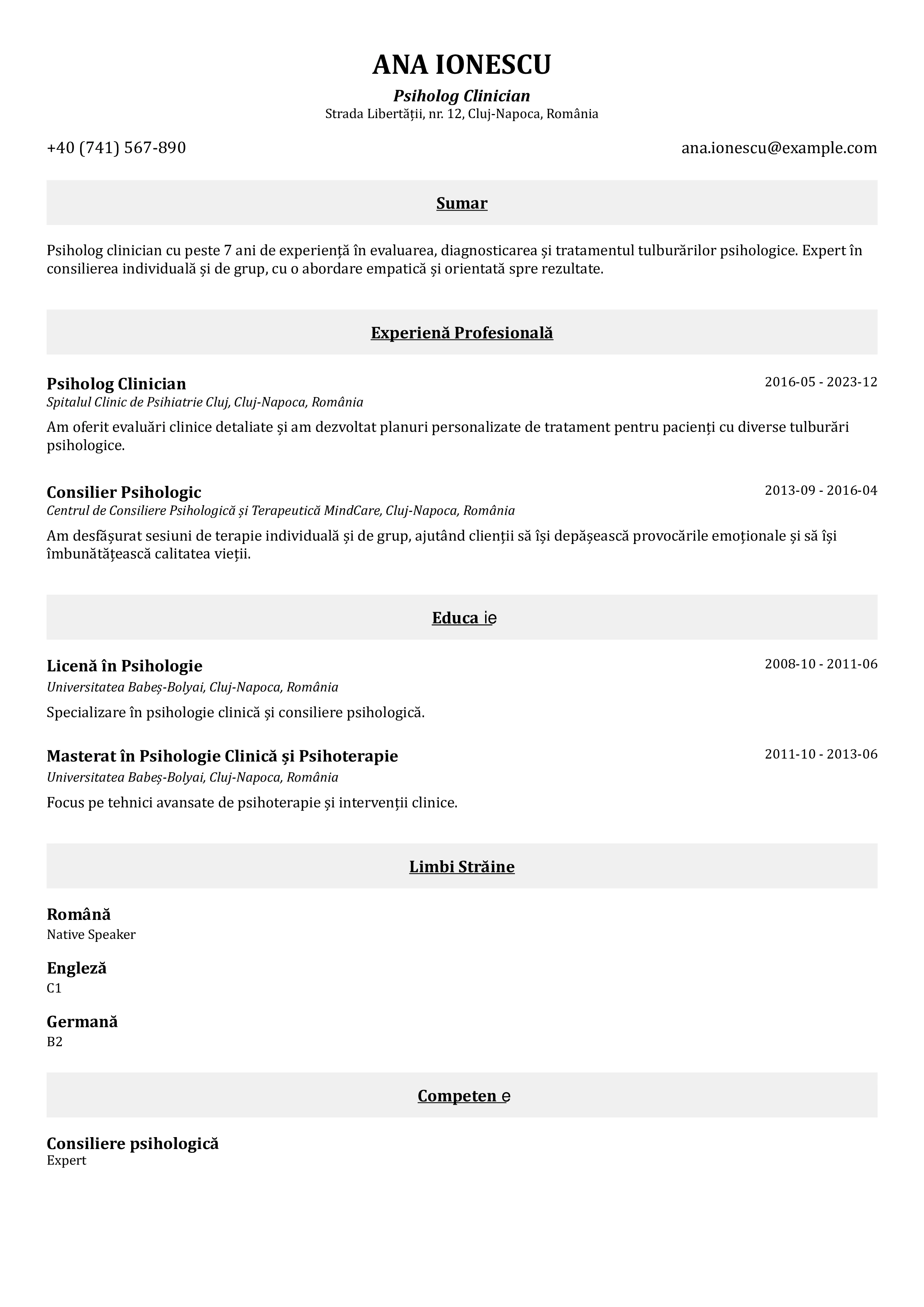 Model de CV monocrom gratuit, cu un design simplu și elegant, ideal pentru orice domeniu profesional.