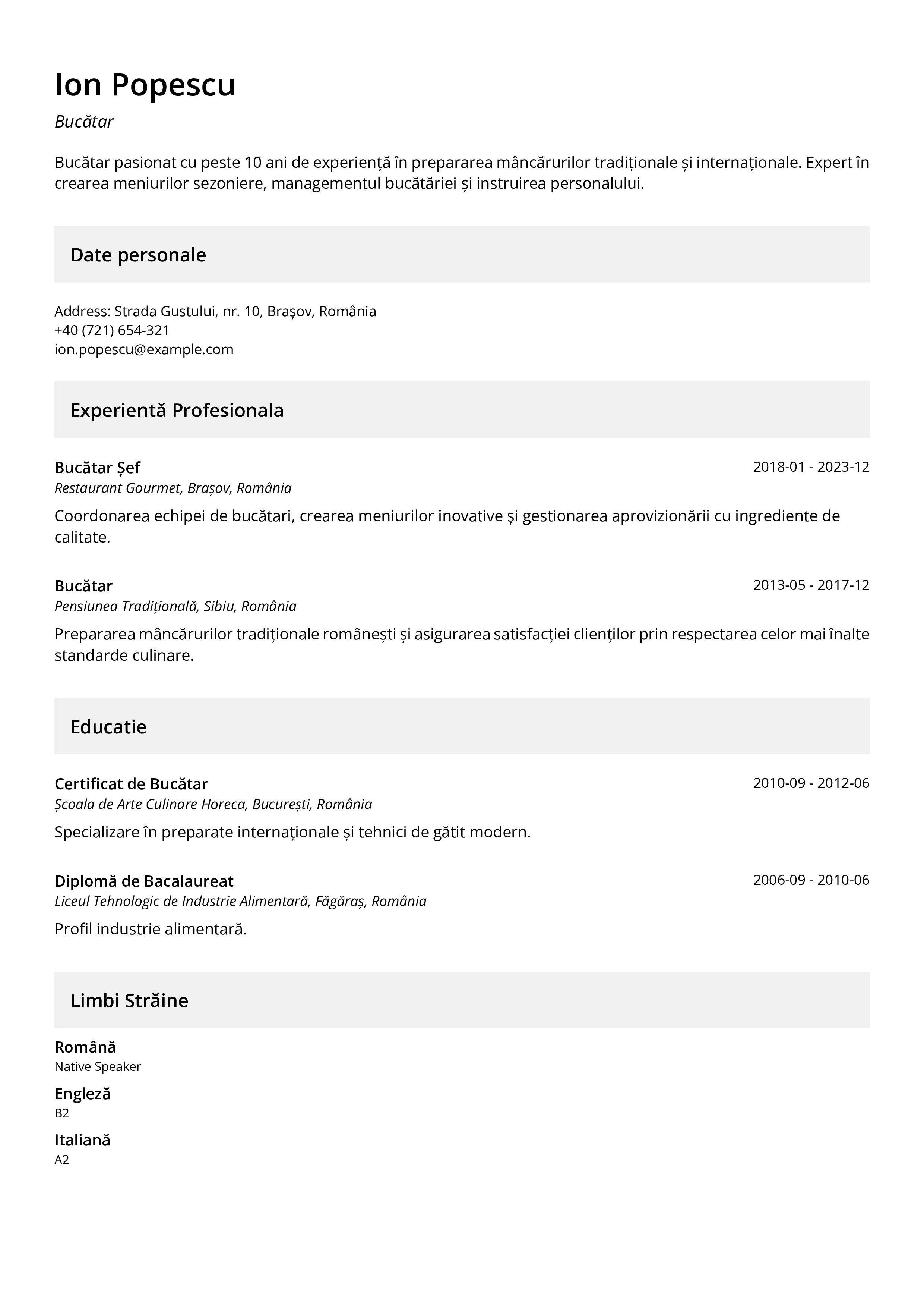 Model de CV elegant si clasic, cu un design minimalist și structurat, ideal pentru orice domeniu profesional.