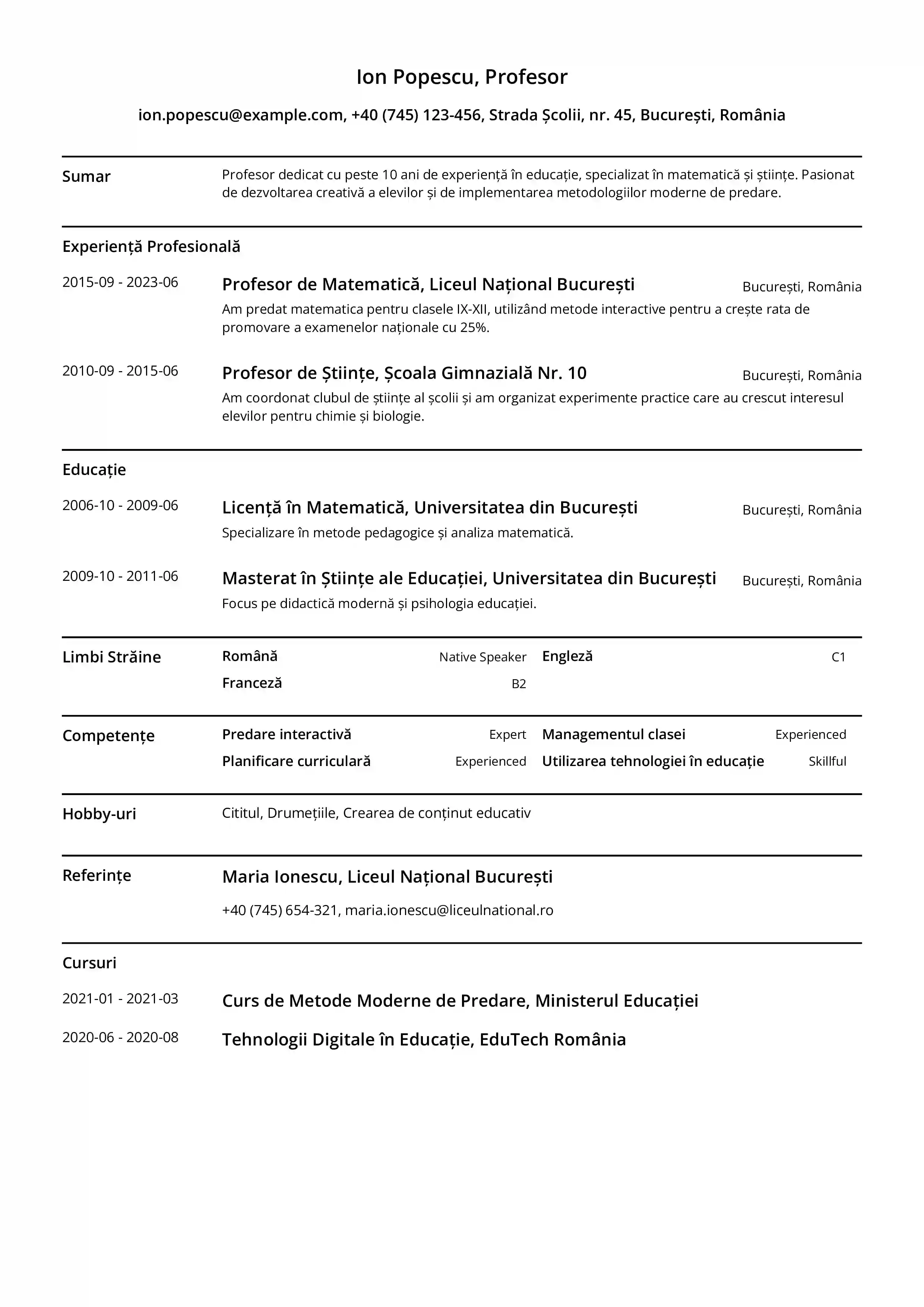 Curriculum vitae online gratuit cu un aspect minimalist și optimizat pentru aplicații rapide și eficiente.