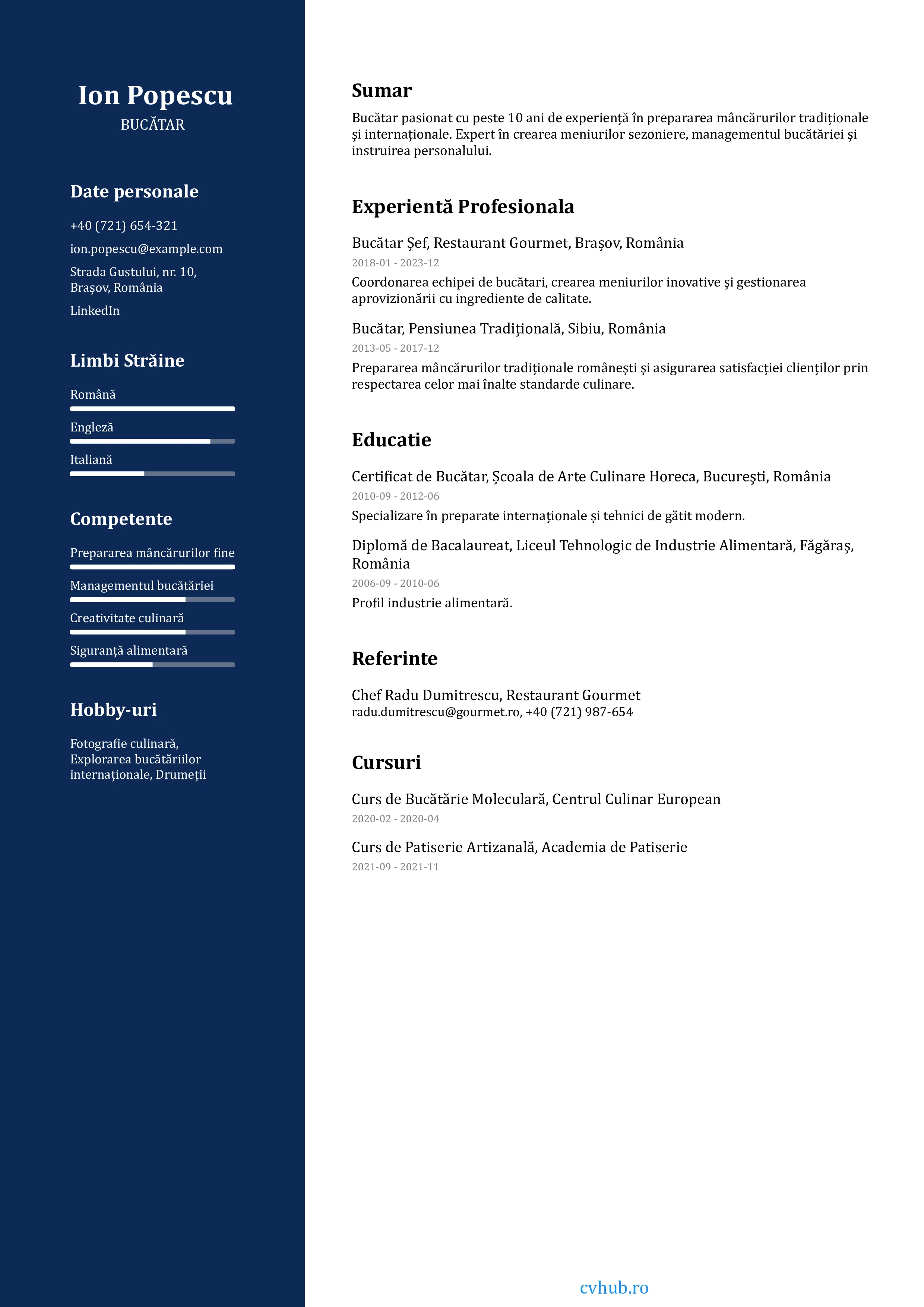 Model gratuit de CV profesional cu un design modern, structurat pentru evidențierea experienței și abilităților.