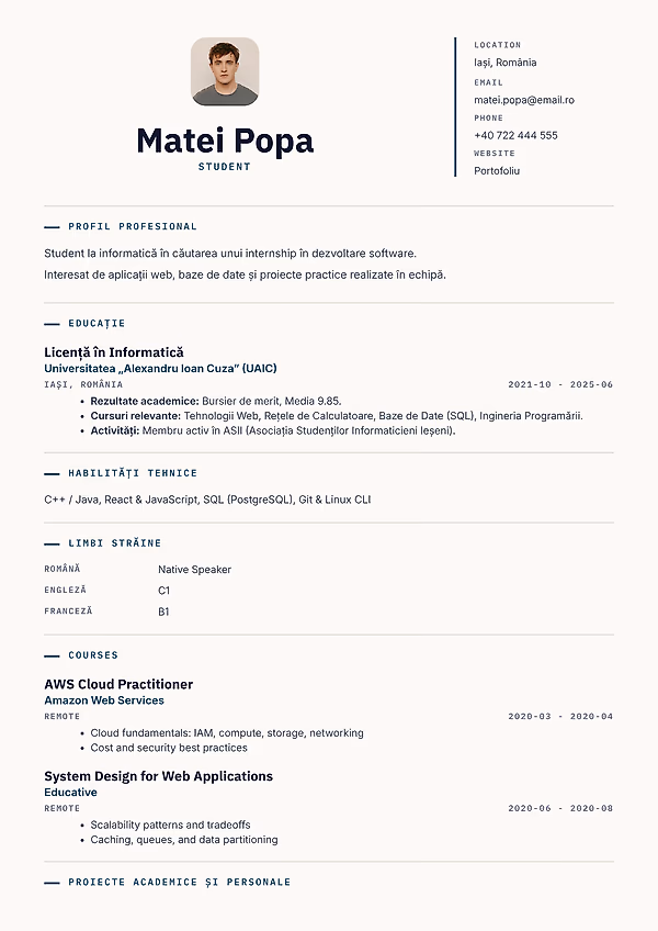 Previzualizare model CV Canvas în editorul CVhub.ro